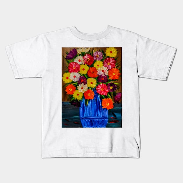 Beautiful floral paintings with abstract flowers in a blue vase Kids T-Shirt by kkartwork